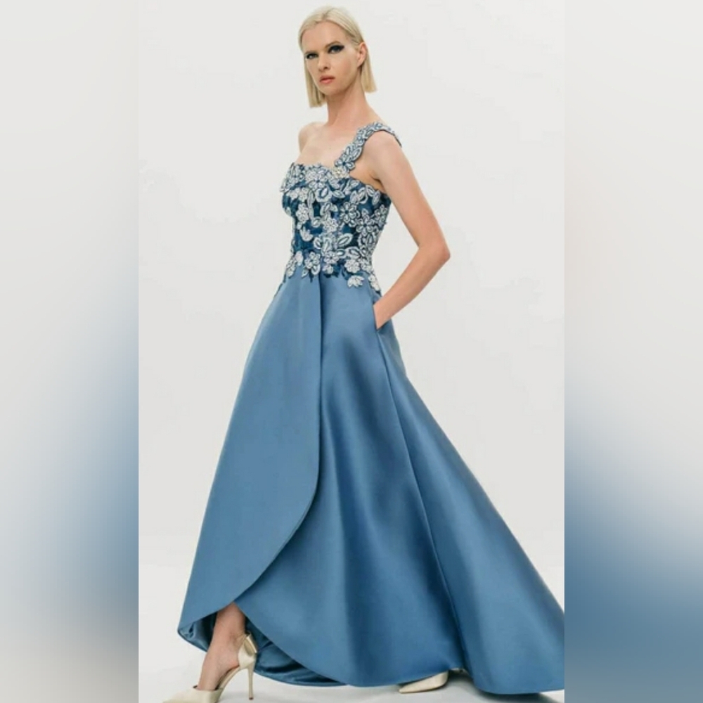 Hynes Park NEW Slate Blue Mikado Floral Embroidered Maxi Ballgown Size 4 #M574